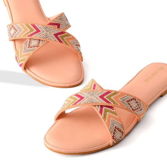 Beaded Peach Cross Flats