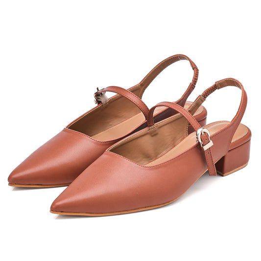 Tan Pointed-Toe Slingback Flats