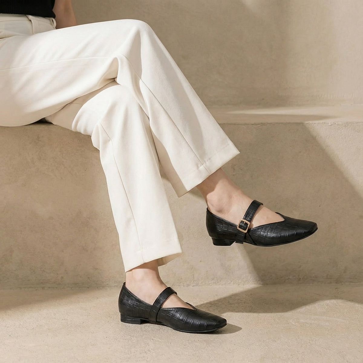 Black textured Mary Jane Flats