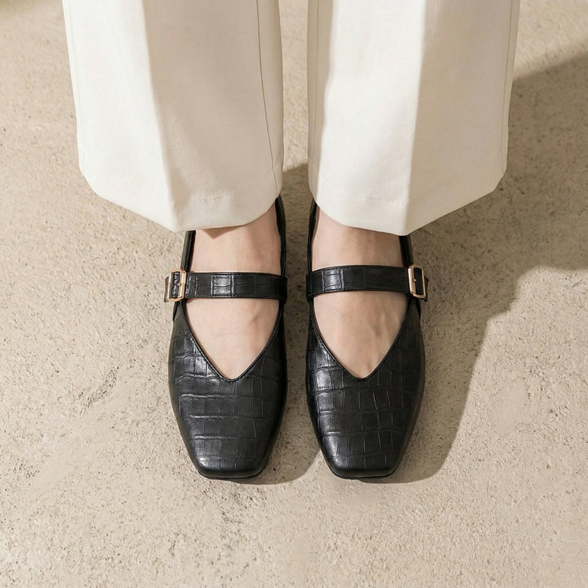 Black textured Mary Jane Flats