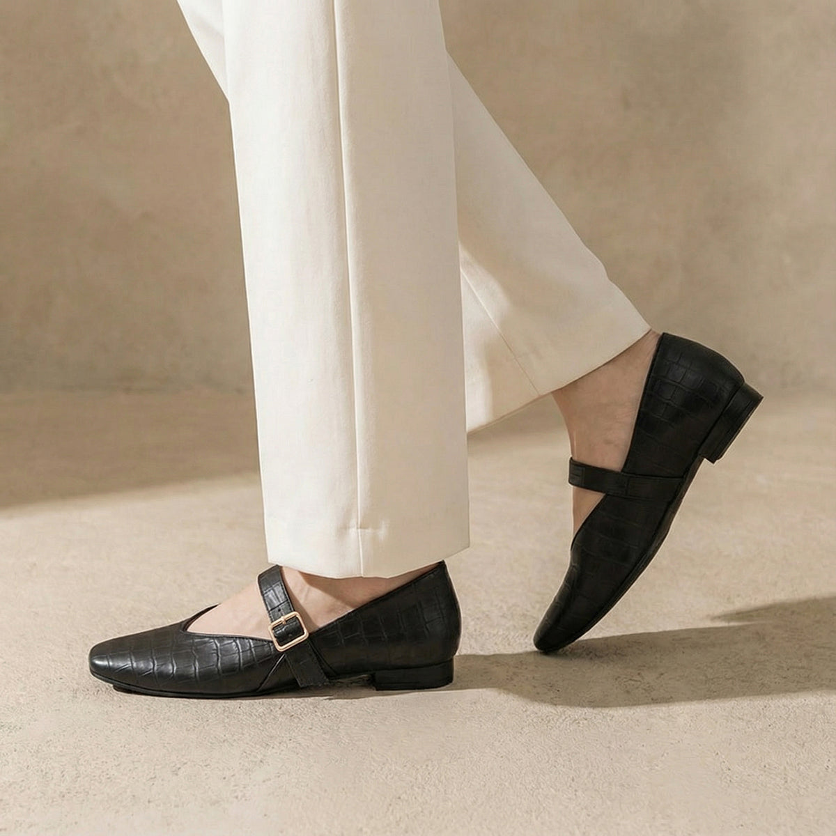Black textured Mary Jane Flats