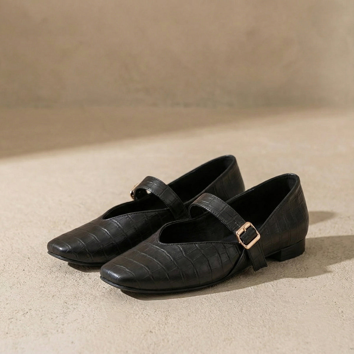 Black textured Mary Jane Flats