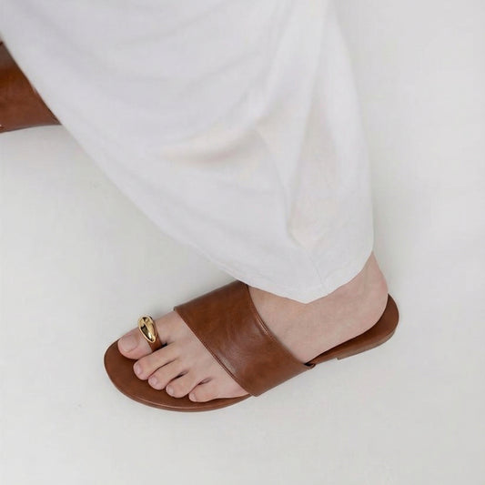 Tan metal detail toe ring flats