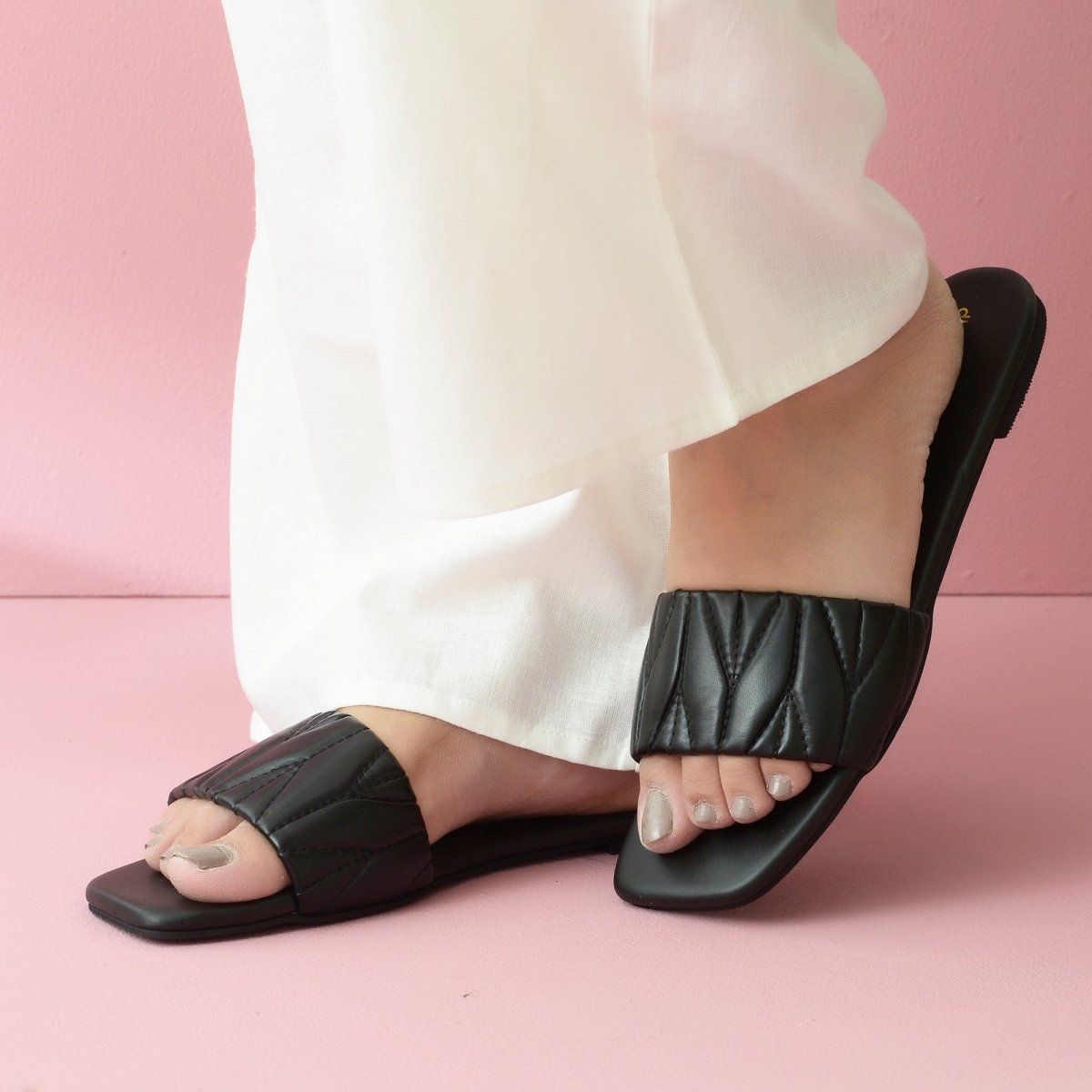 Black Quilted Strap Flats