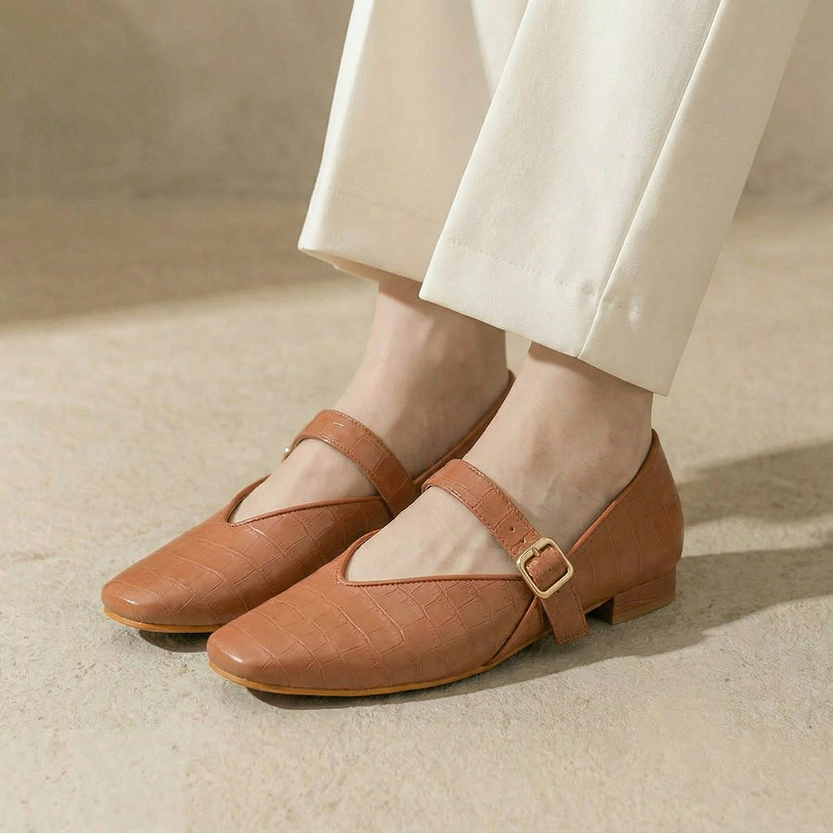 Tan textured Mary Jane Flats