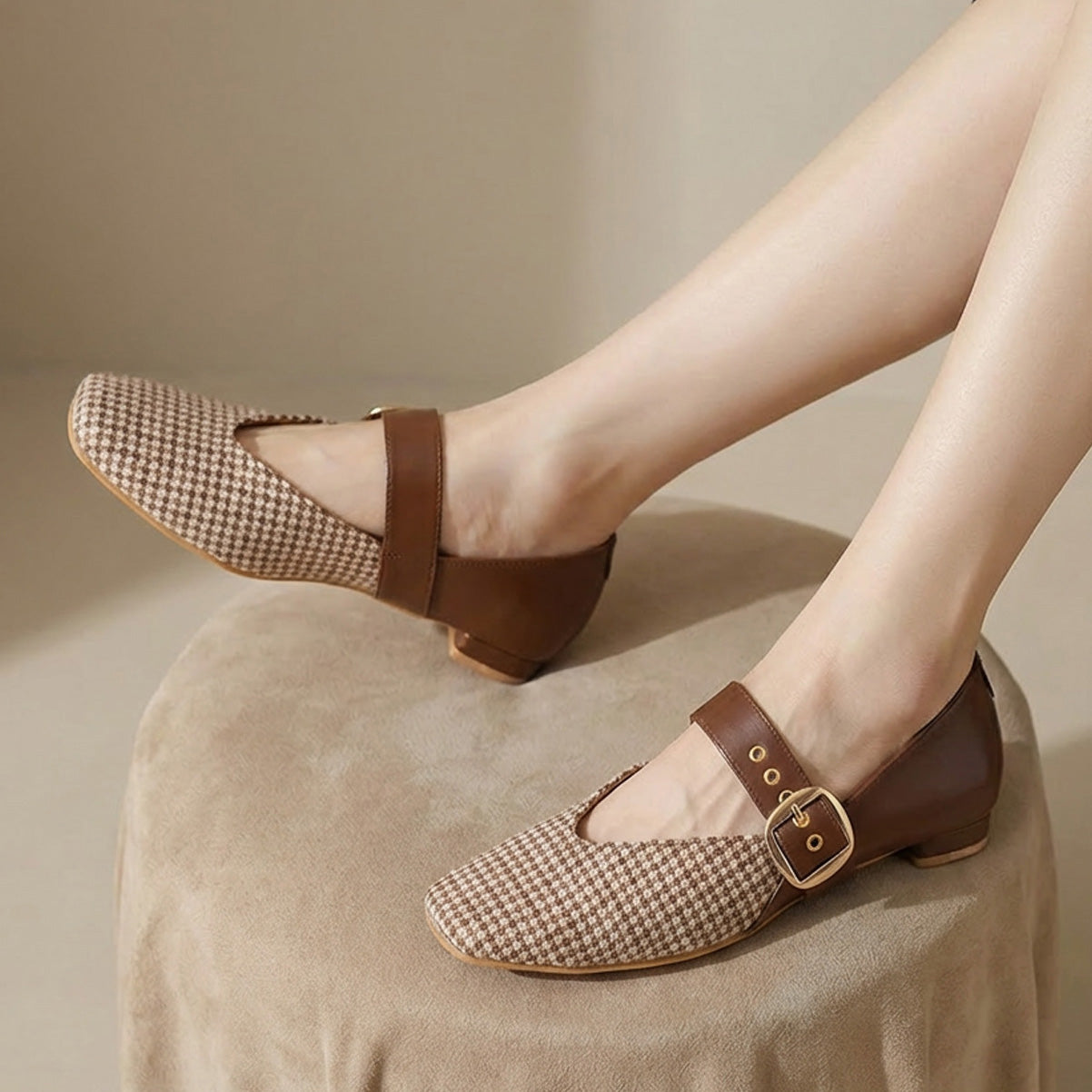 Brown Houndstooth Mary Jane Flats