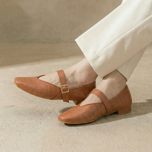 Tan textured Mary Jane Flats