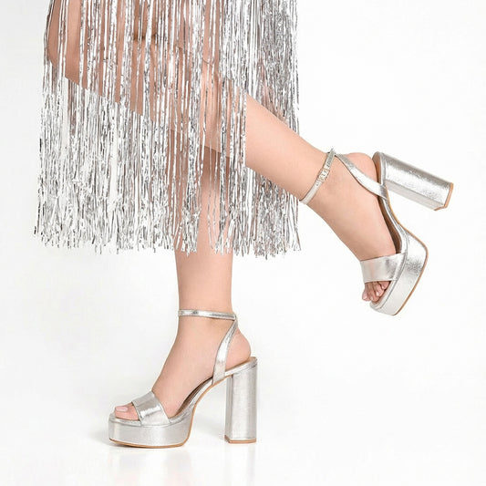 Silver Single Strap Platform Heeled Sandals