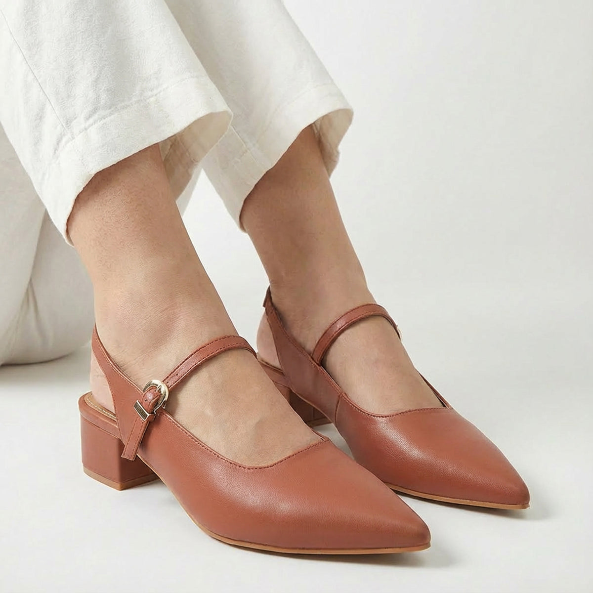 Tan Pointed-Toe Slingback Heels