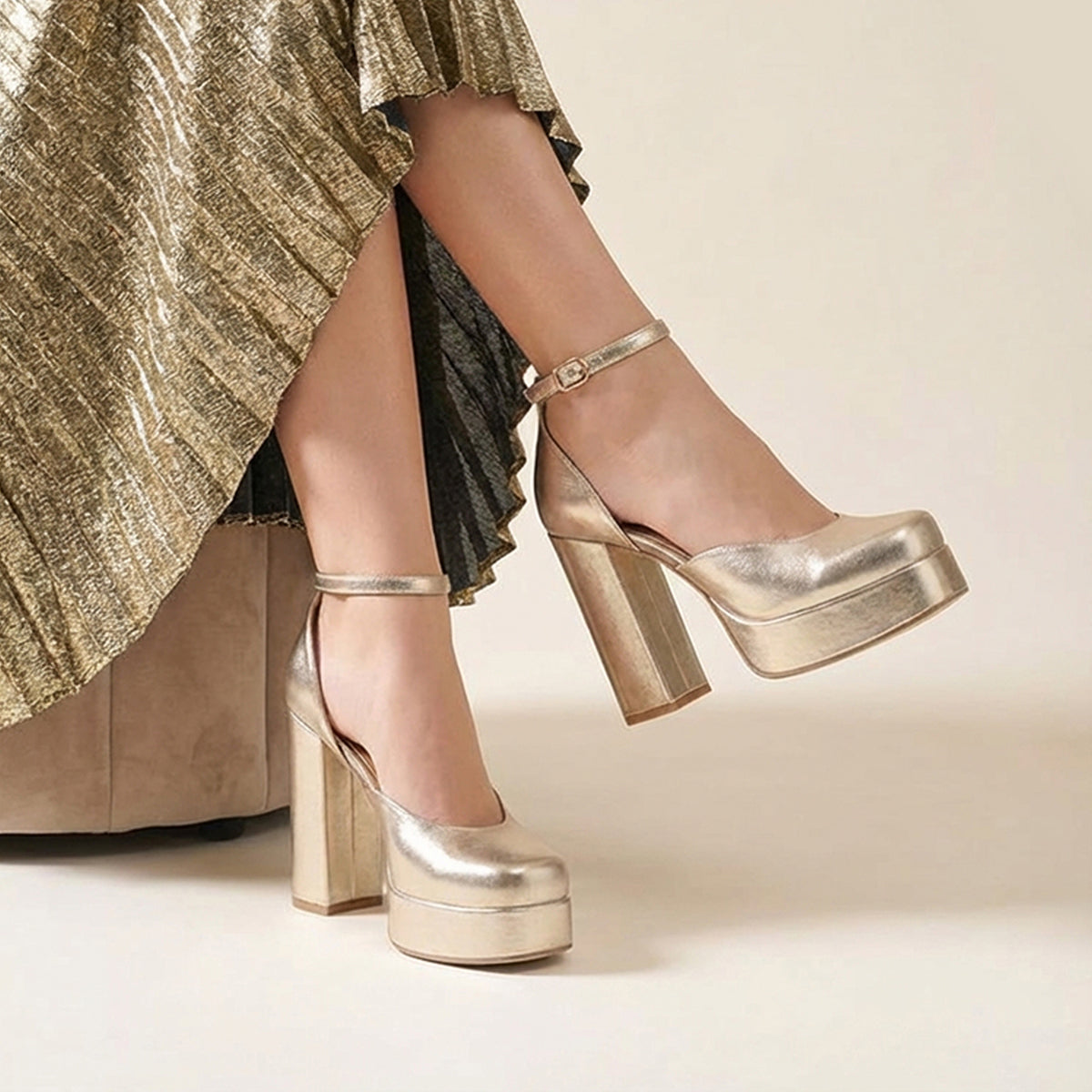 Gold Platform Block Heels