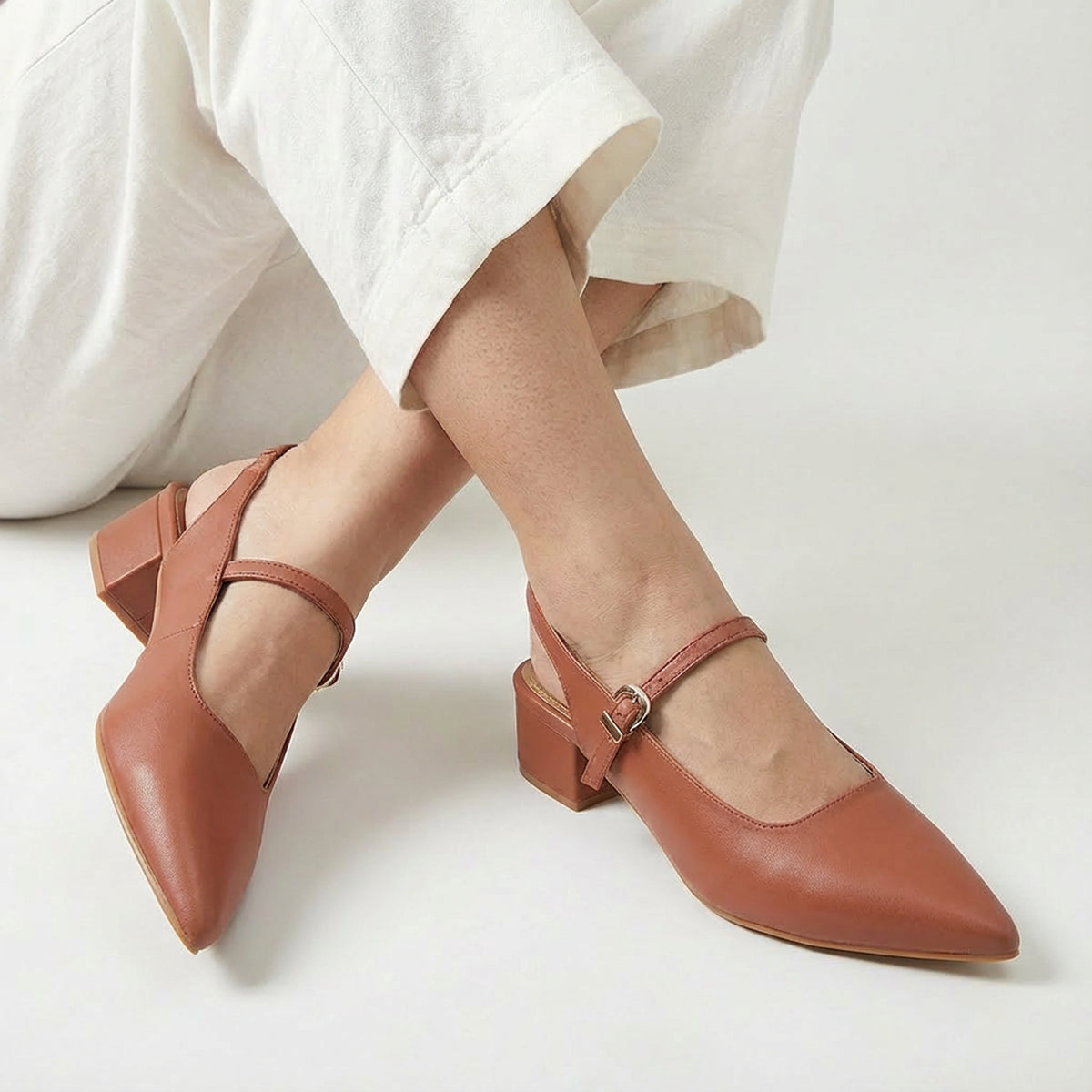 Tan Pointed-Toe Slingback Heels