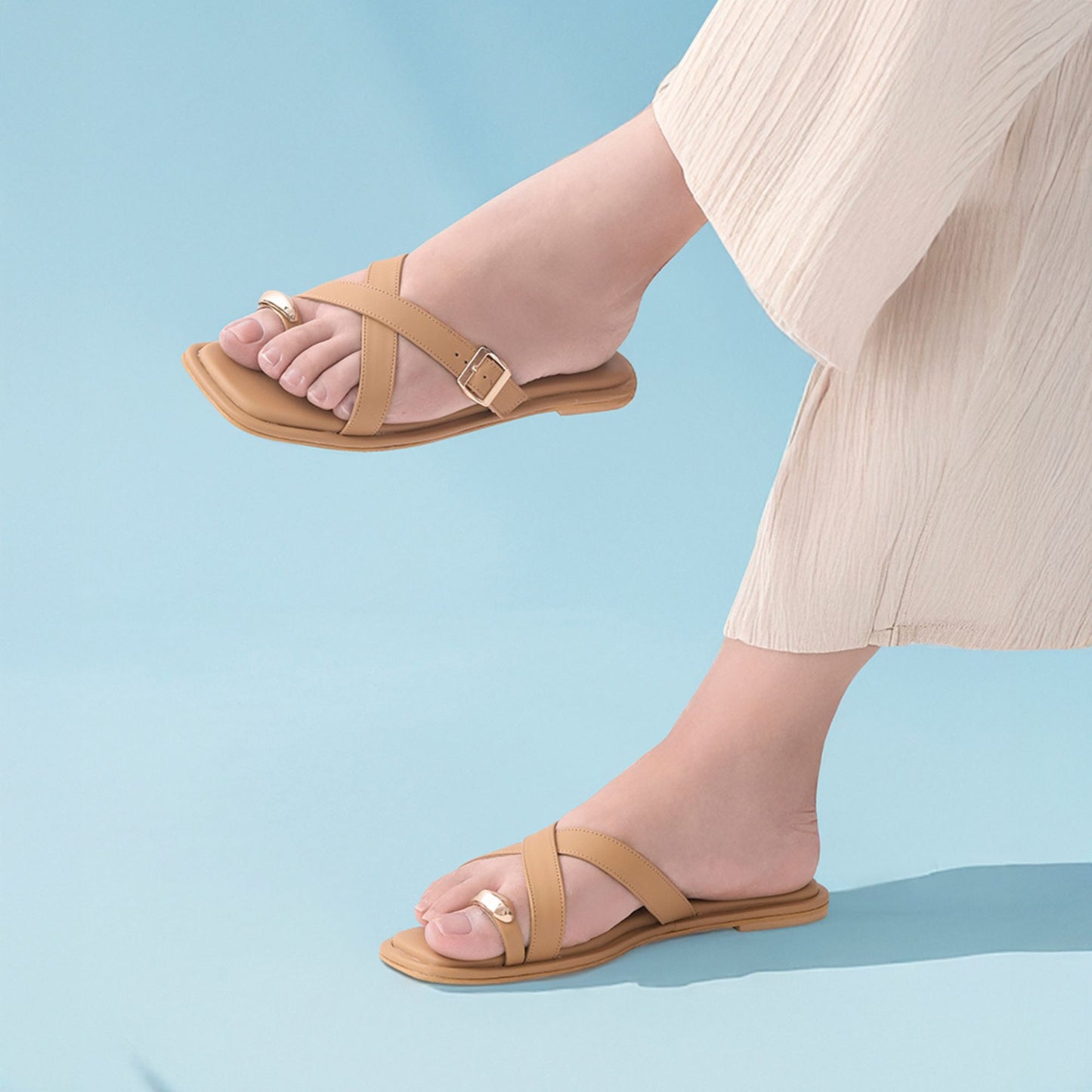 Sand Metal detail Cross-Strap Flats