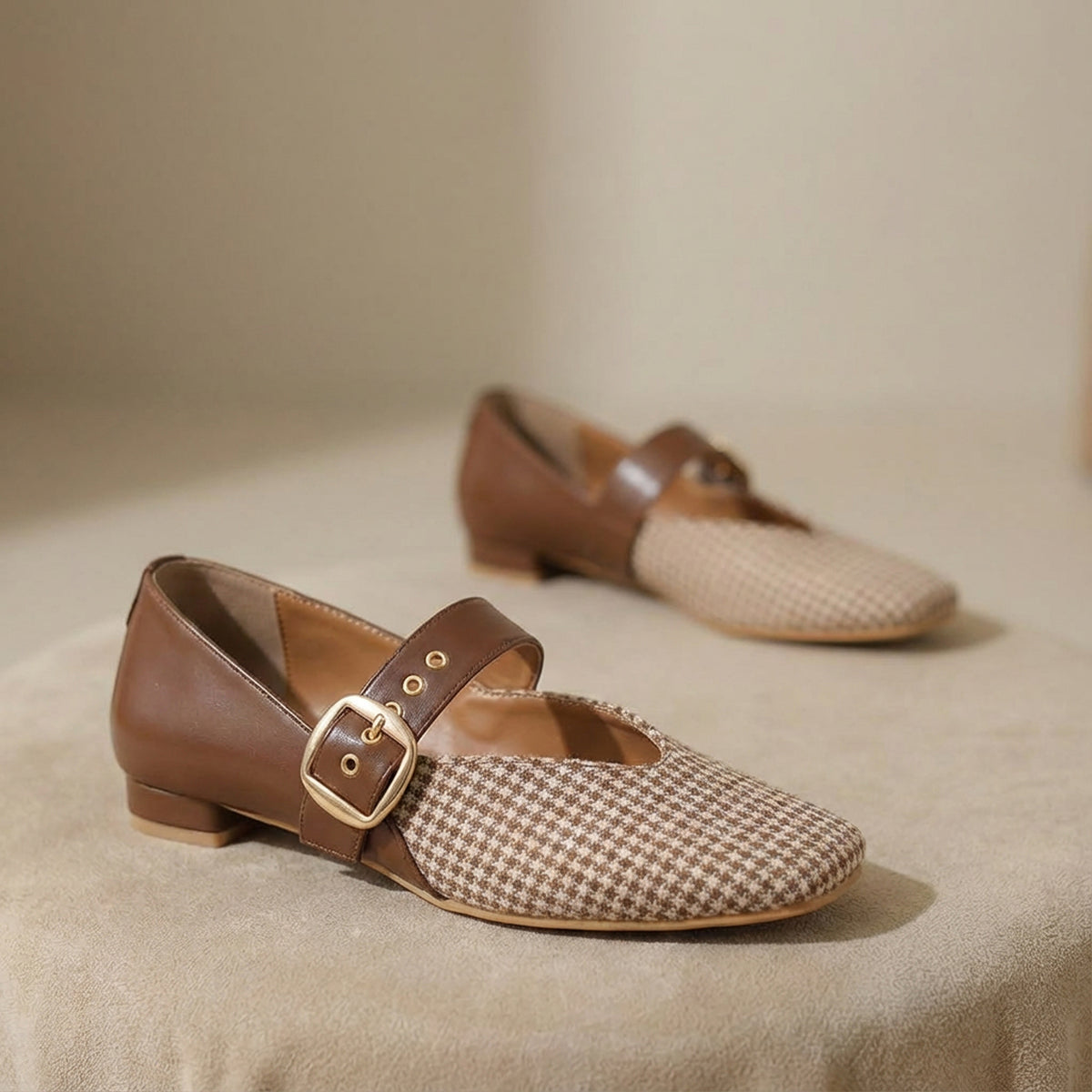 Brown Houndstooth Mary Jane Flats