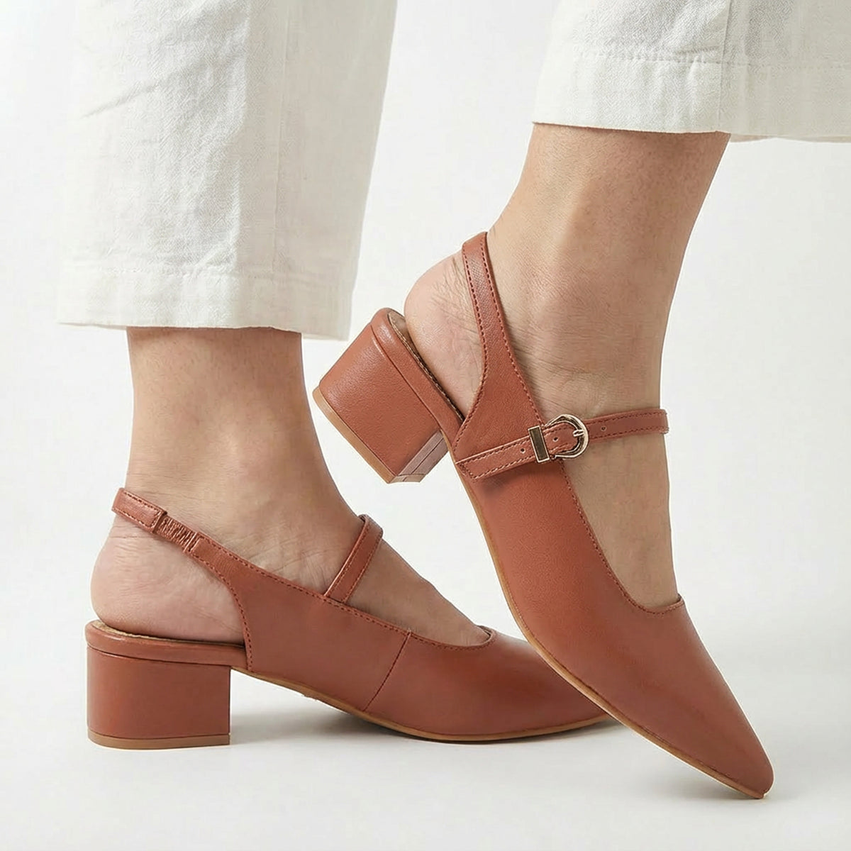 Tan Pointed-Toe Slingback Heels