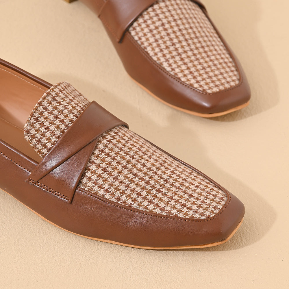 Tan Houndstooth Square Toe Loafers Shoes