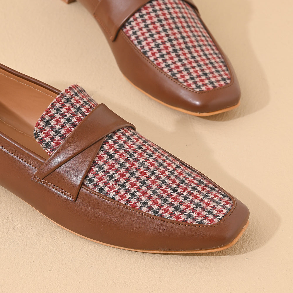 Oak Houndstooth Square Toe Loafers Shoes