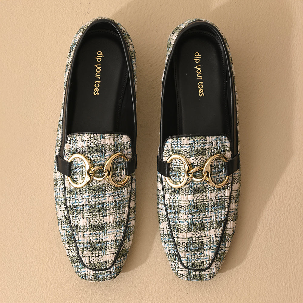 Green Tweed Square Toe Loafers Shoes