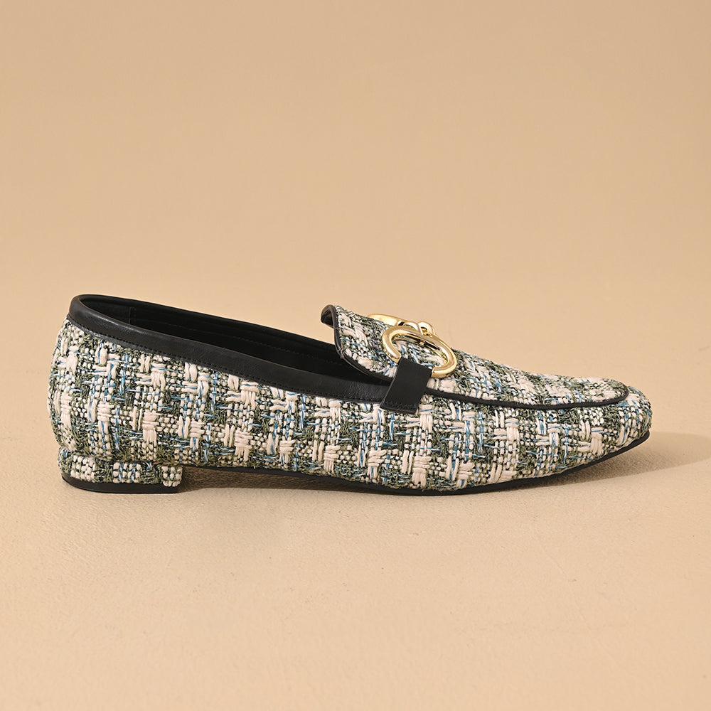 Green Tweed Square Toe Loafers Shoes