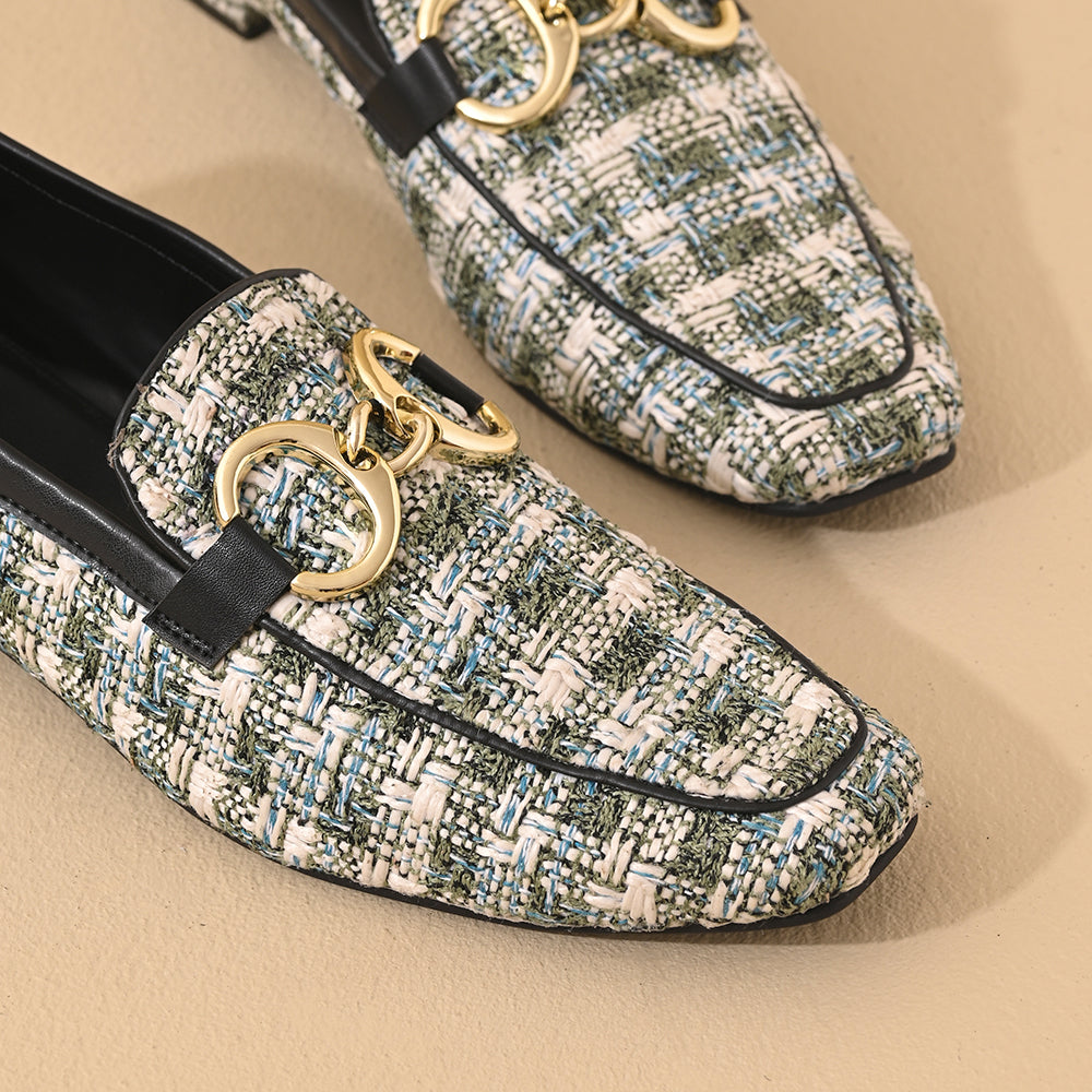 Green Tweed Square Toe Loafers Shoes