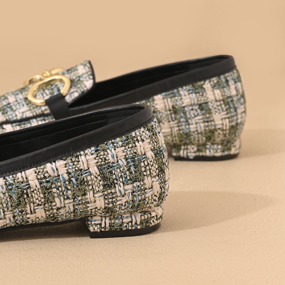 Green Tweed Square Toe Loafers Shoes
