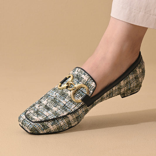 Green Tweed Square Toe Loafers Shoes