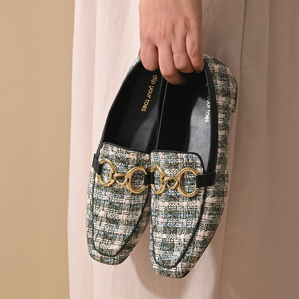 Green Tweed Square Toe Loafers Shoes