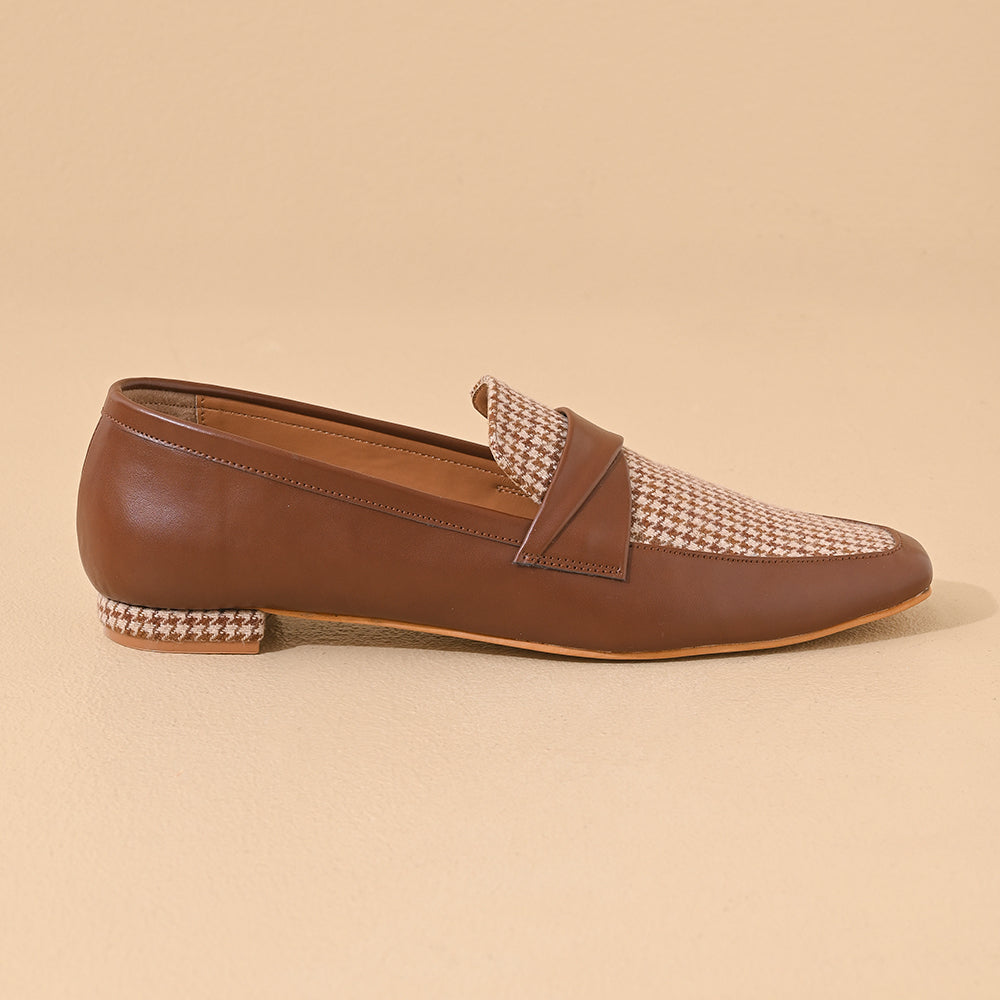 Tan Houndstooth Square Toe Loafers Shoes