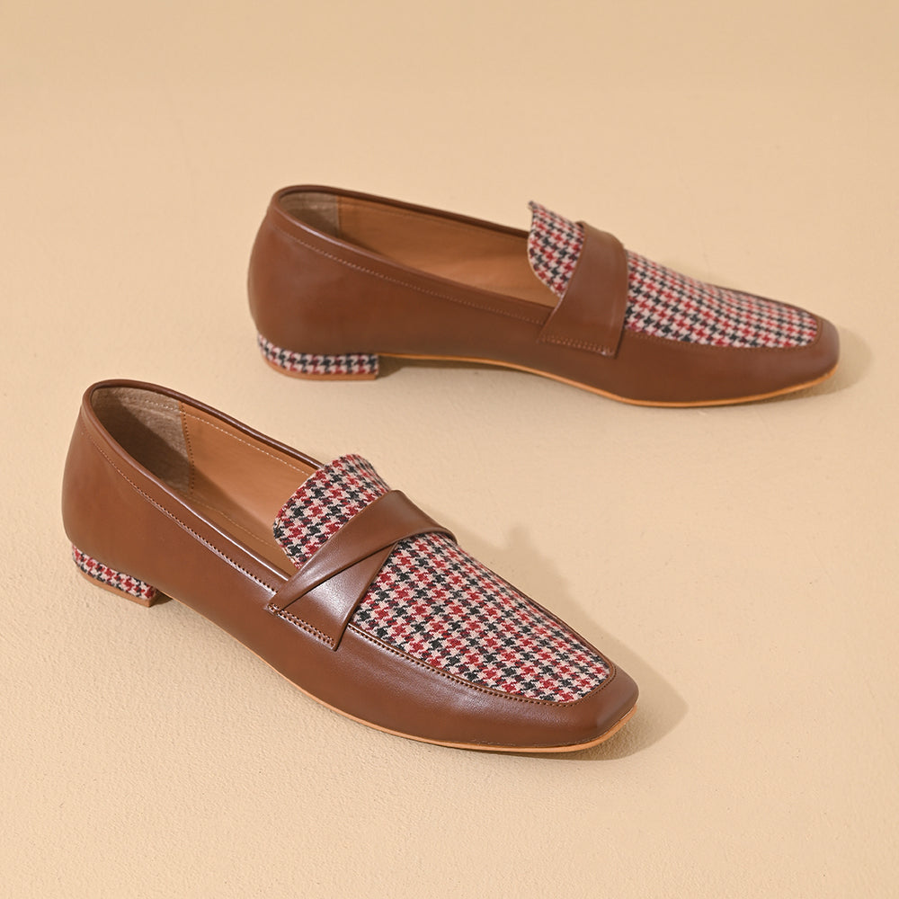 Oak Houndstooth Square Toe Loafers Shoes