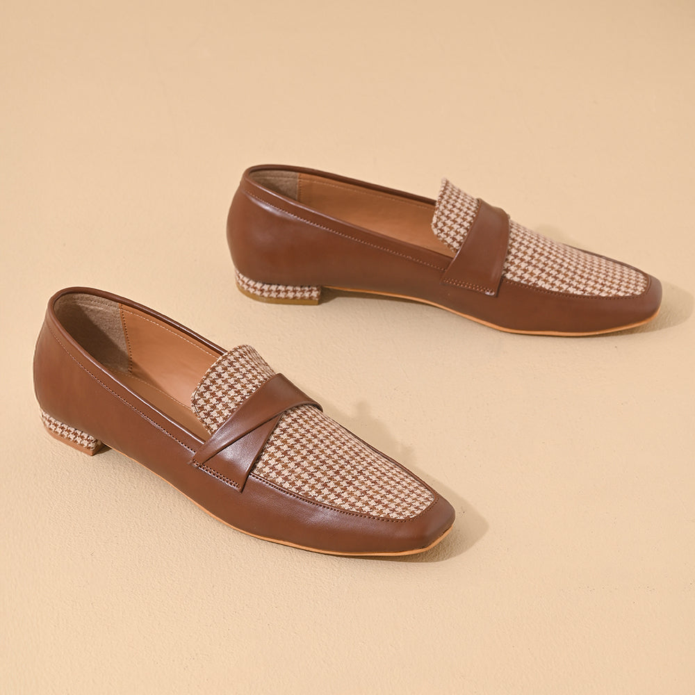 Tan Houndstooth Square Toe Loafers Shoes