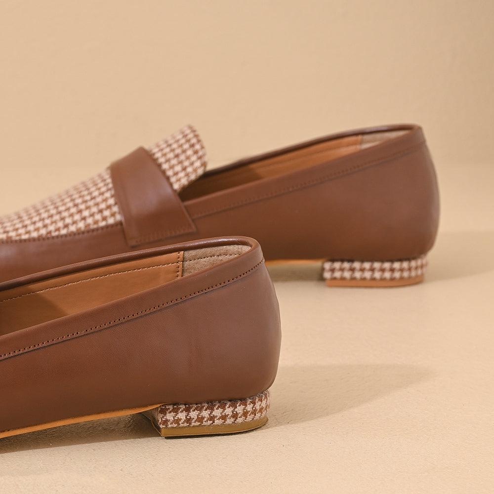 Tan Houndstooth Square Toe Loafers Shoes