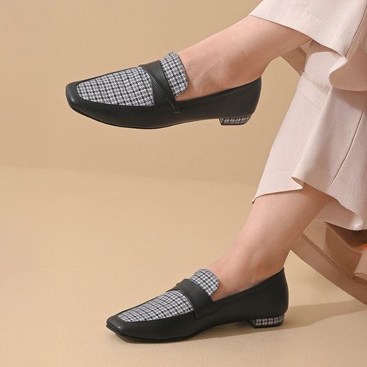 Black Houndstooth Square Toe Loafers Shoes