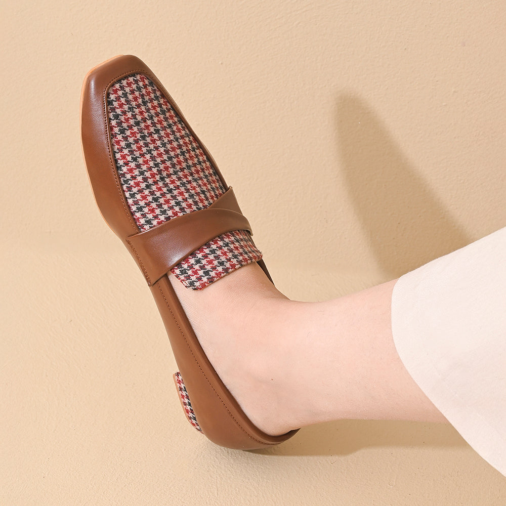 Oak Houndstooth Square Toe Loafers Shoes