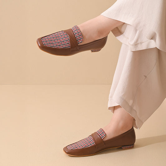 Oak Houndstooth Square Toe Loafers Shoes