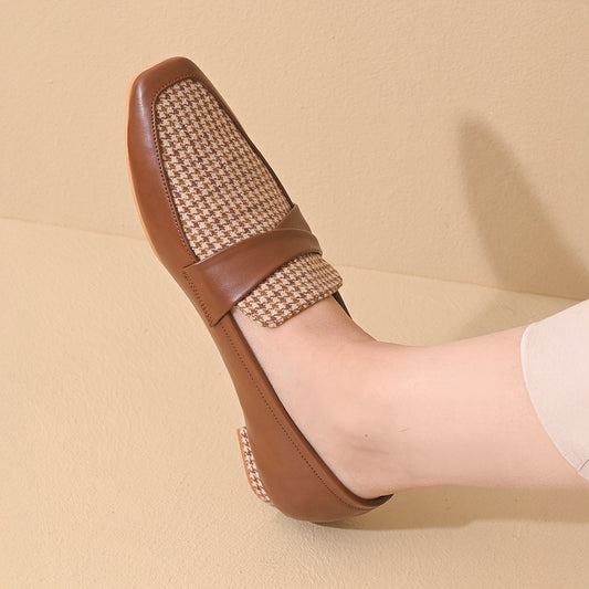 Tan Houndstooth Square Toe Loafers Shoes