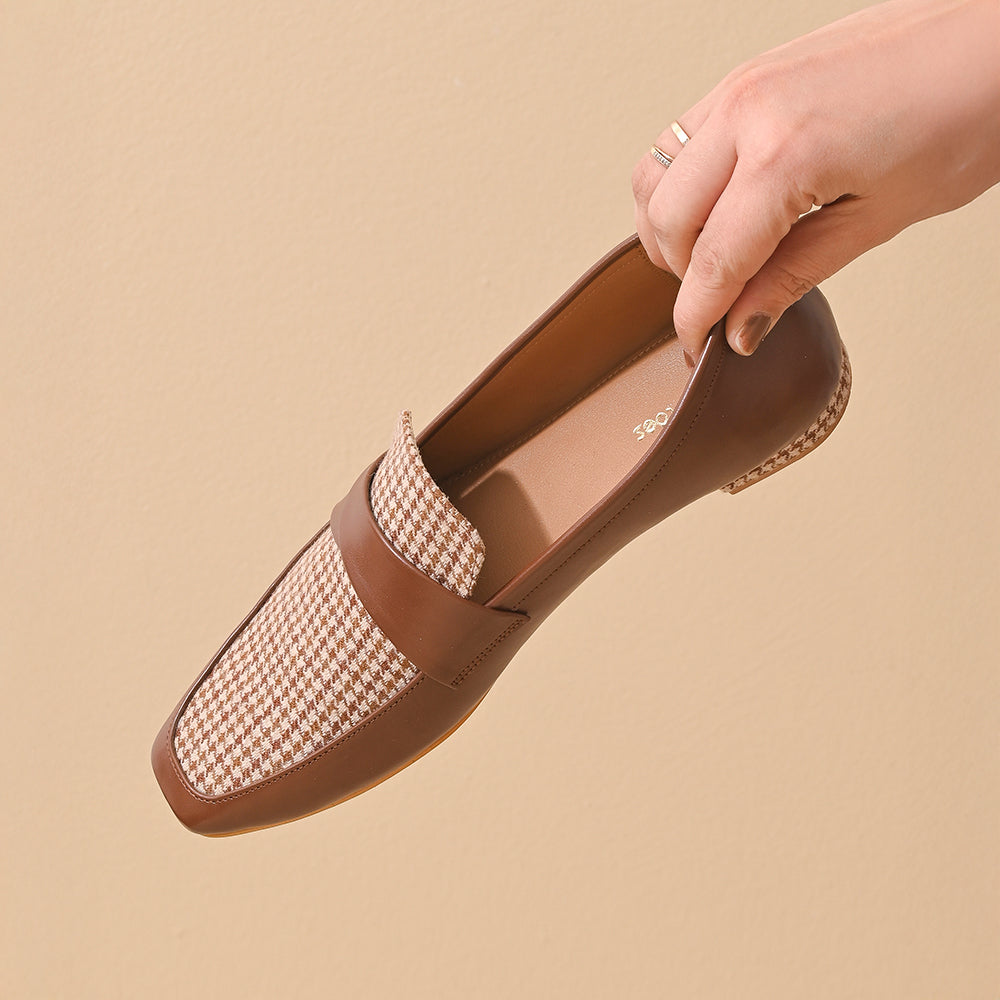 Tan Houndstooth Square Toe Loafers Shoes