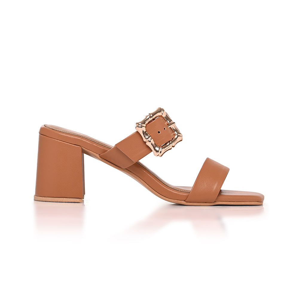 Tan Twin Strap Buckled Heels