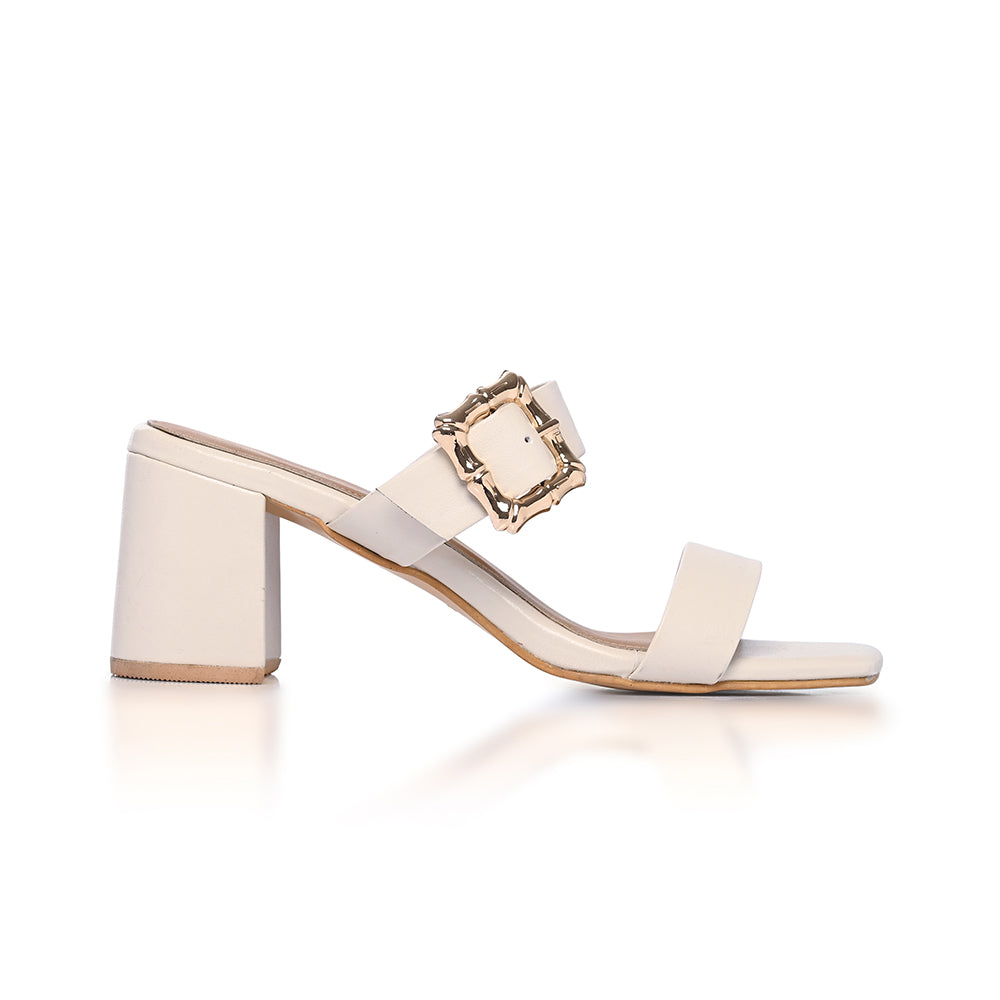 White Twin Strap Buckled Heels