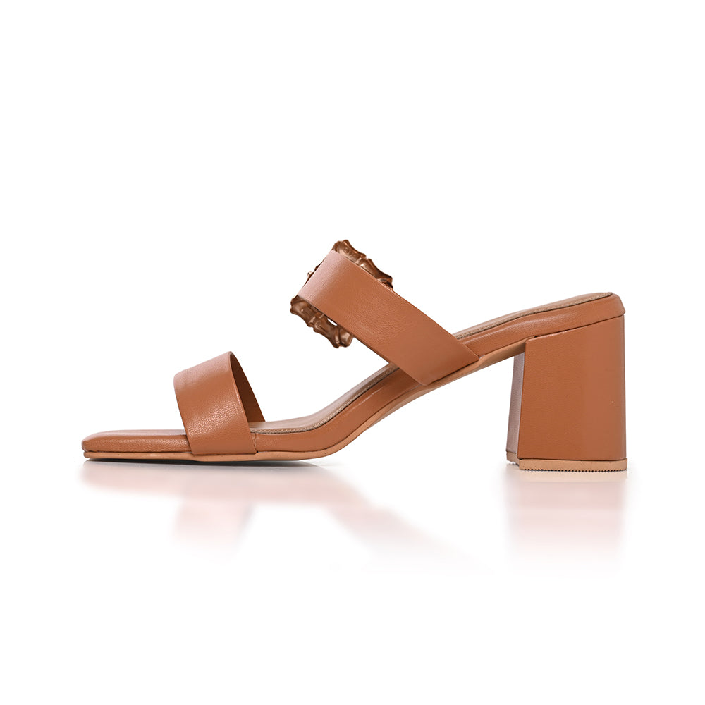 Tan Twin Strap Buckled Heels
