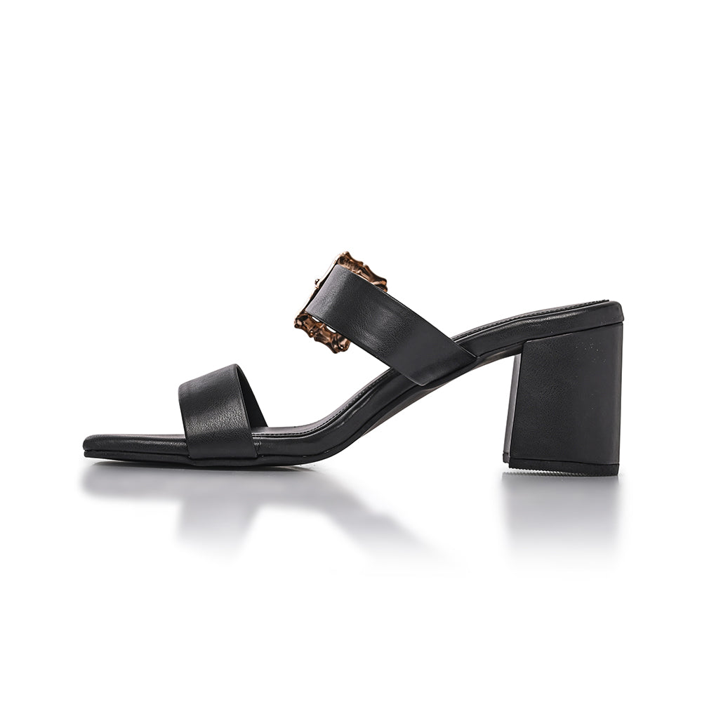 Black Twin Strap Buckled Heels