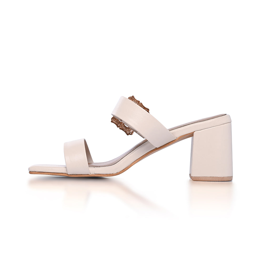 White Twin Strap Buckled Heels