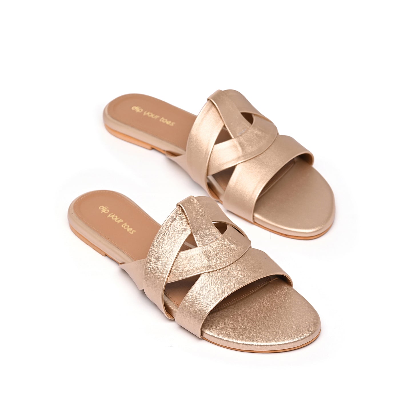 Muted Gold Flat Cross-Strap Sandals