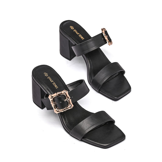 Black Twin Strap Buckled Heels