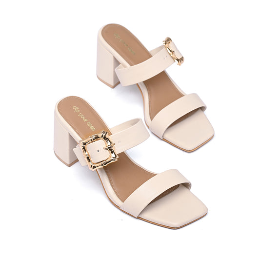 White Twin Strap Buckled Heels