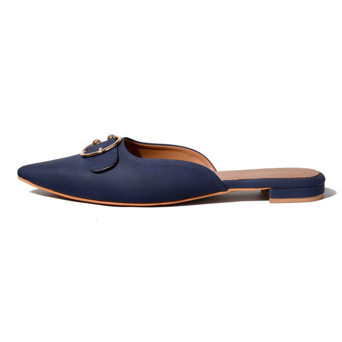 Blue Suede Buckled Mules