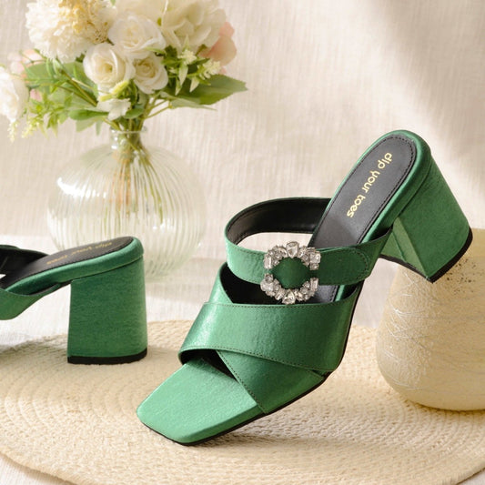 Emerald crystal Embellished cross strap Heels
