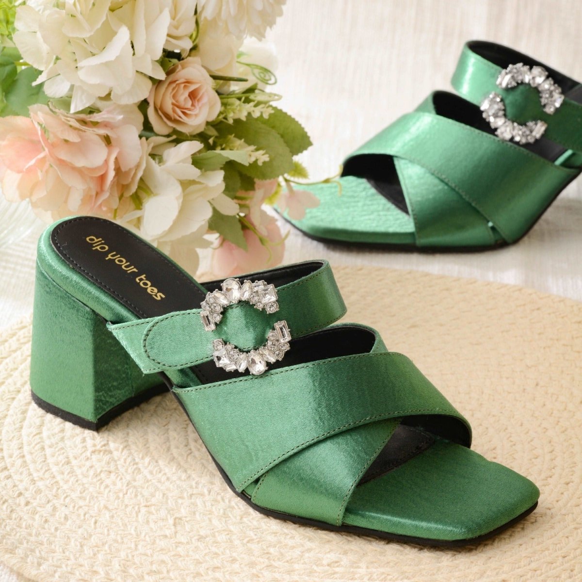 Emerald crystal Embellished cross strap Heels