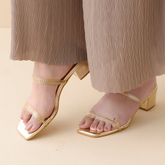 Gold Twin Strap Clear Heels