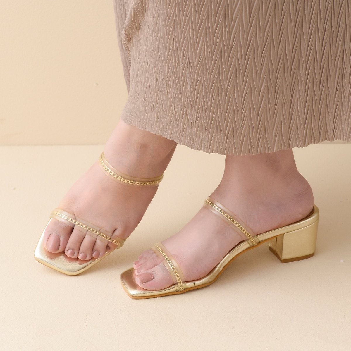 Gold Twin Strap Clear Heels
