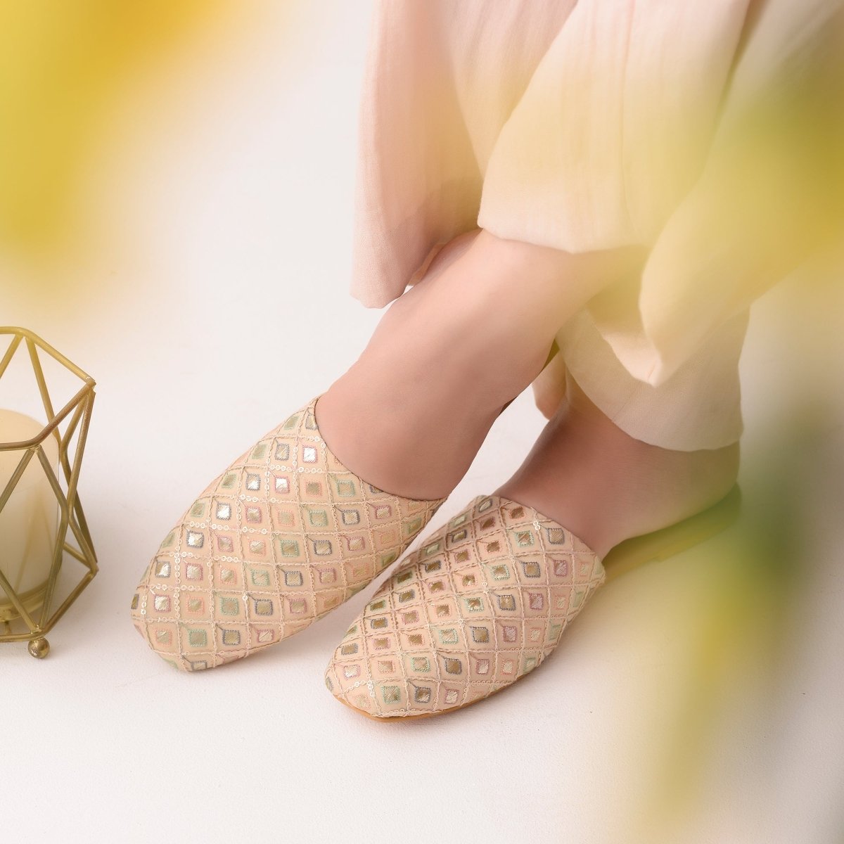 Beige Embroidered Mules