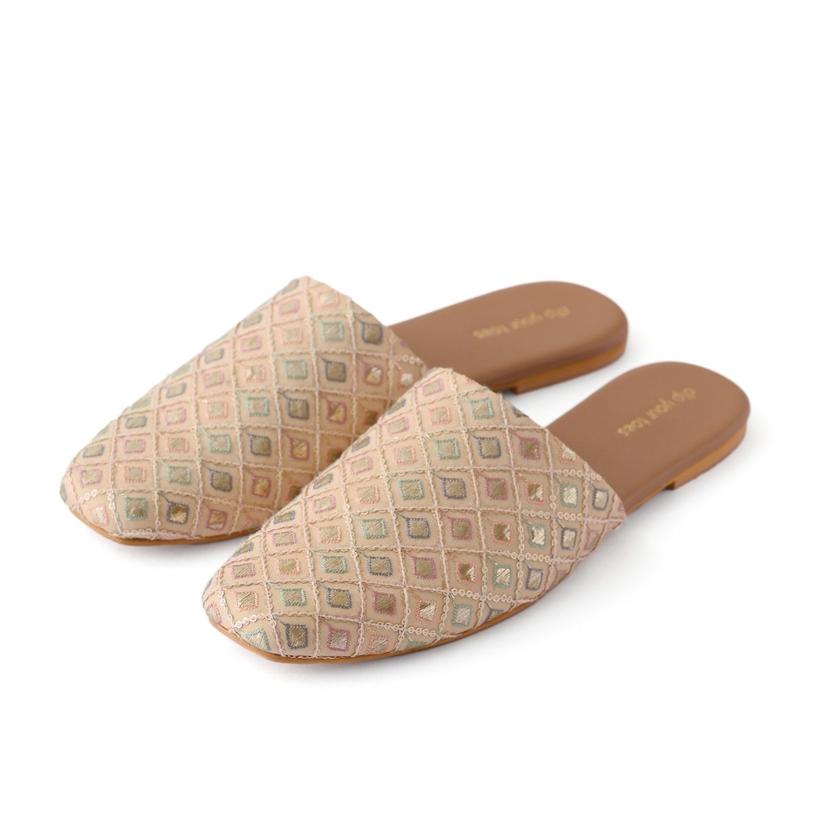 Beige Embroidered Mules